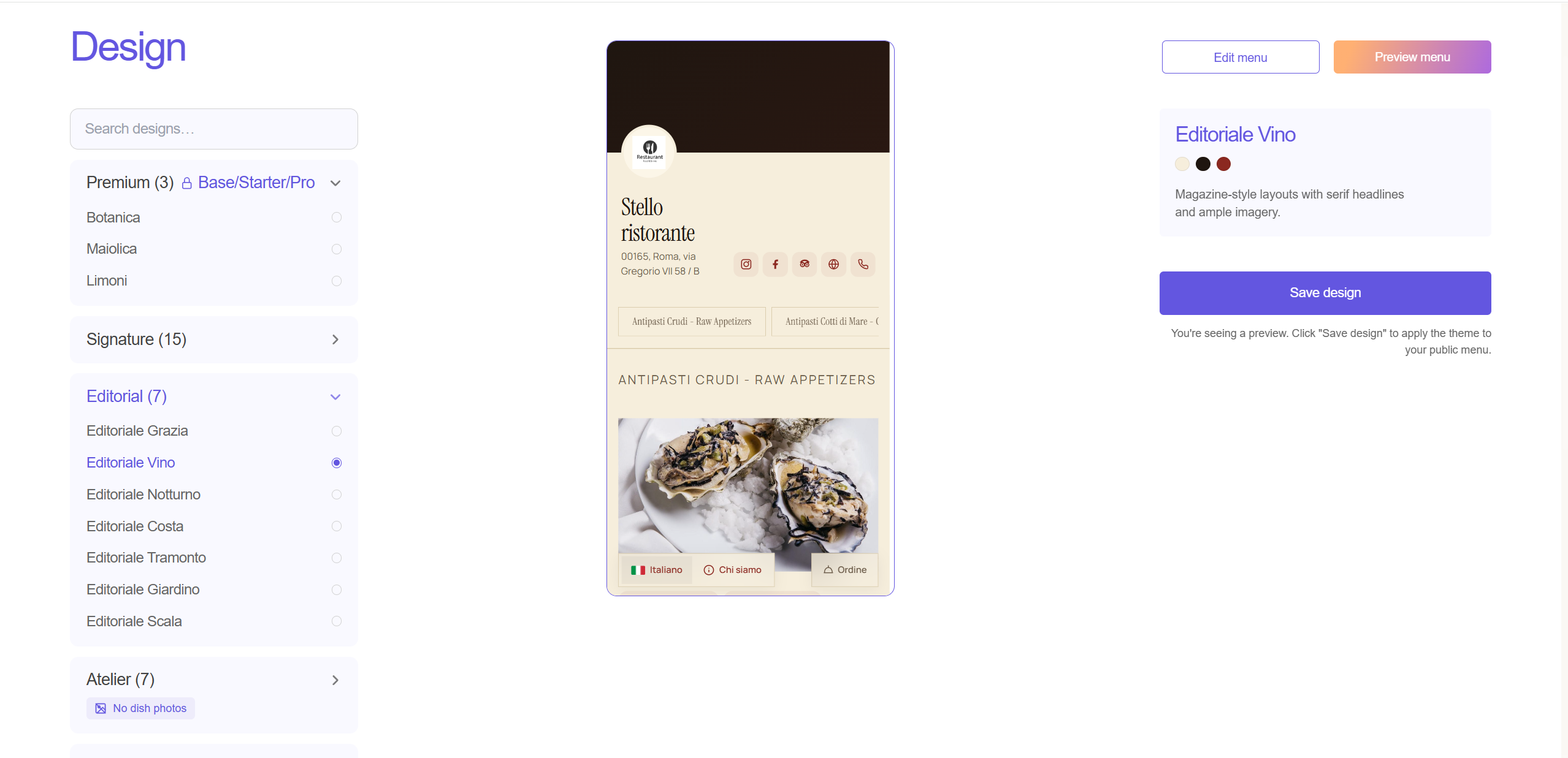 Stello design editor showing a restaurant QR menu preview, brand colors and layout customization tools.