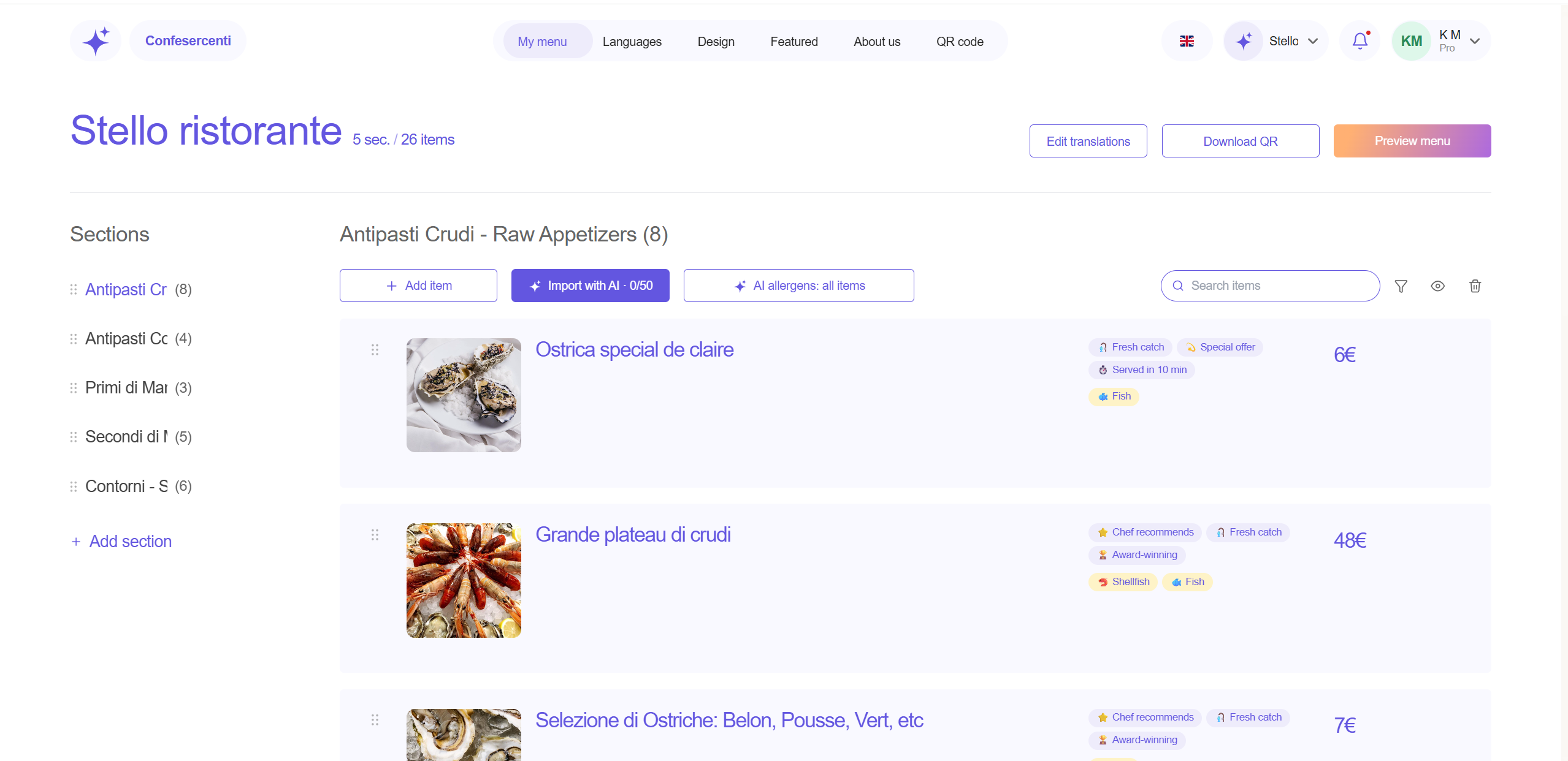 Stello menu design dashboard with a mobile restaurant menu preview and editing controls for visual themes.