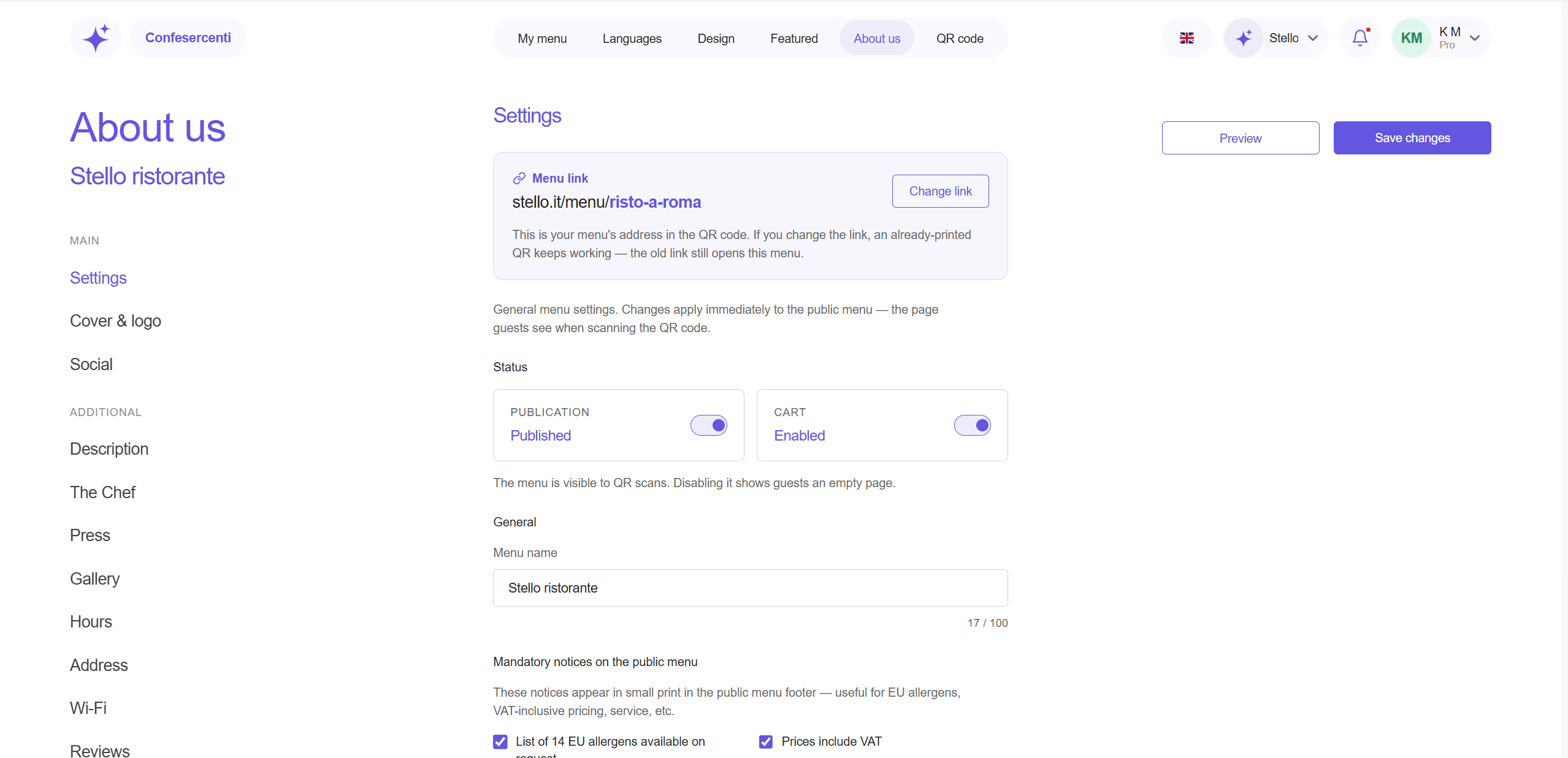 Stello restaurant profile settings page with business information, menu configuration and publishing controls.