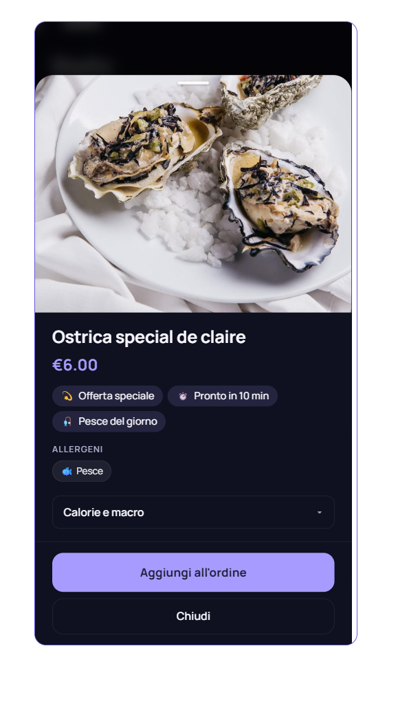 Mobile view of a Stello digital menu dish page with photo, price, labels, allergens and add-to-order button.